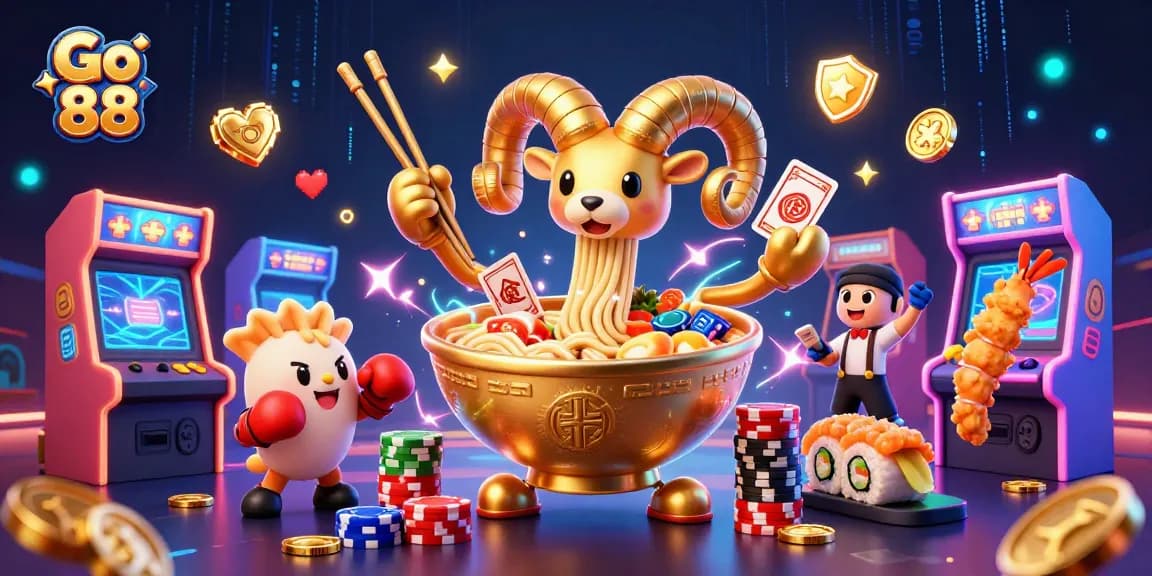 Engage with Go 88 in a vibrant 3D casino scene featuring dynamic game characters and elements.