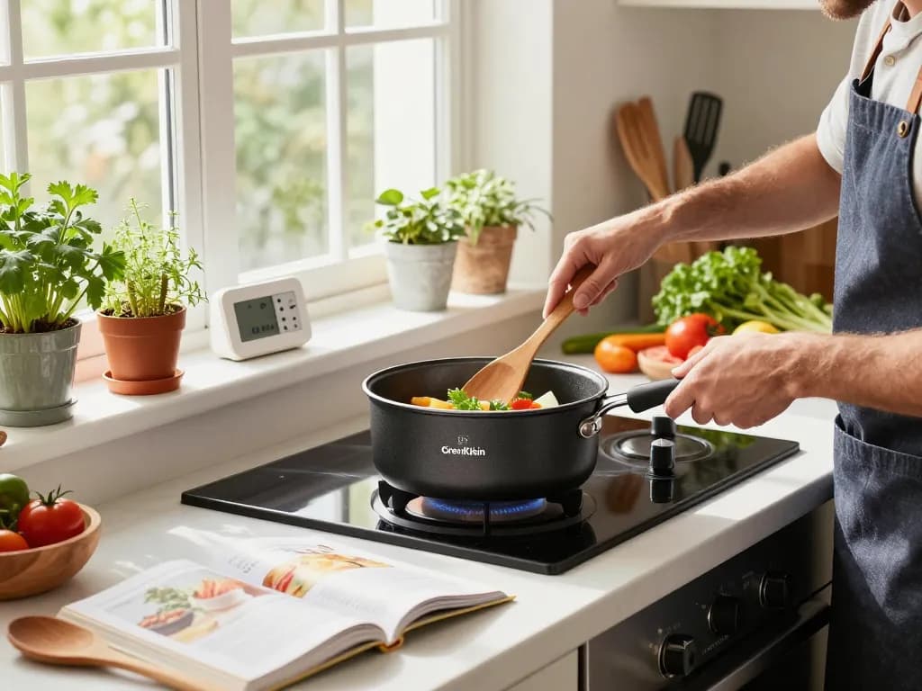 Verwendung des besten Induktionspotts für maximale Effizienz in der Küche, mit frischen Zutaten und einem Hobbykoch, der ein leckeres Gericht zubereitet.