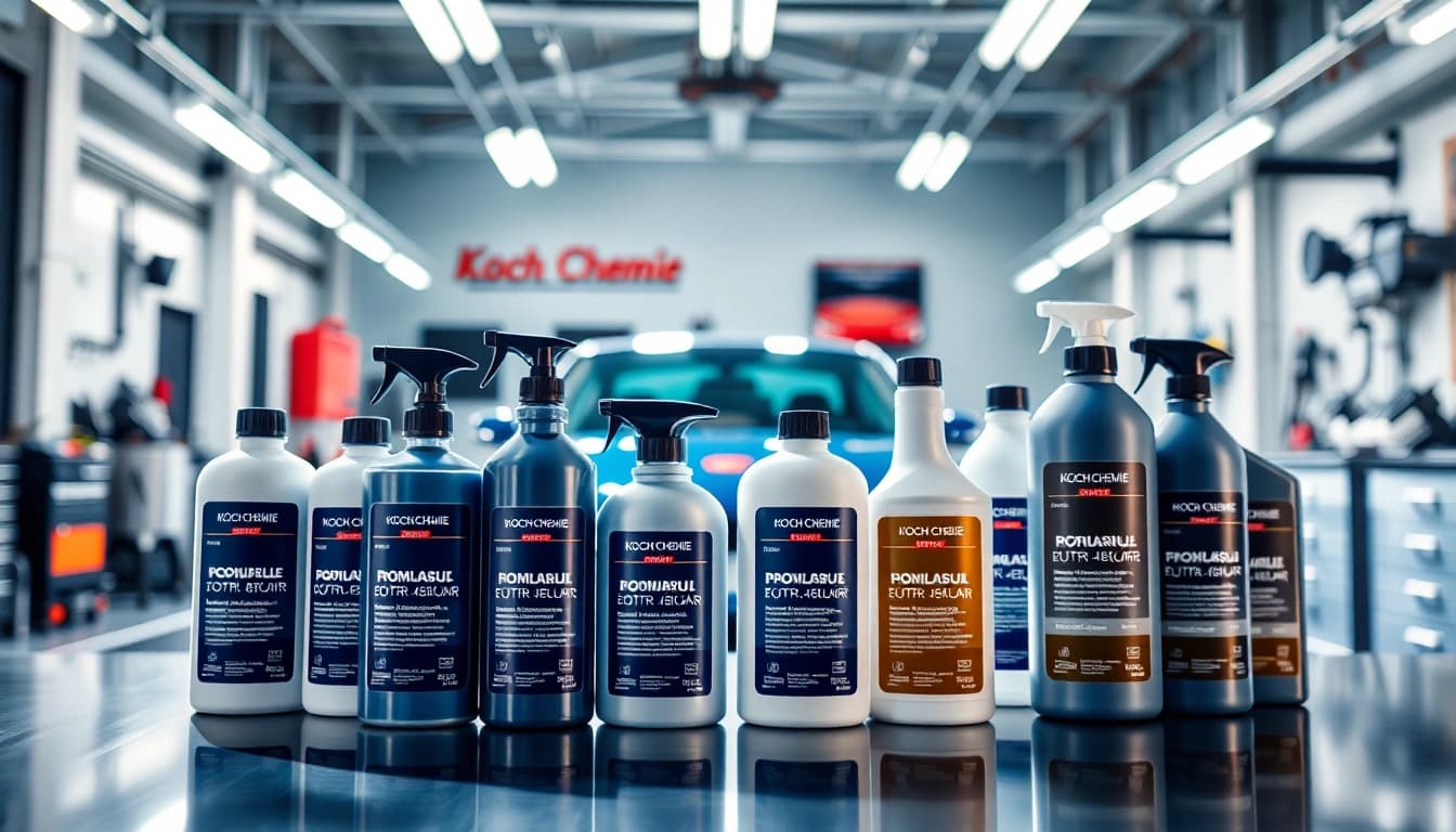 Koch Chemie Produkte auf einem modernen Arbeitstisch für Fahrzeugpflege präsentiert