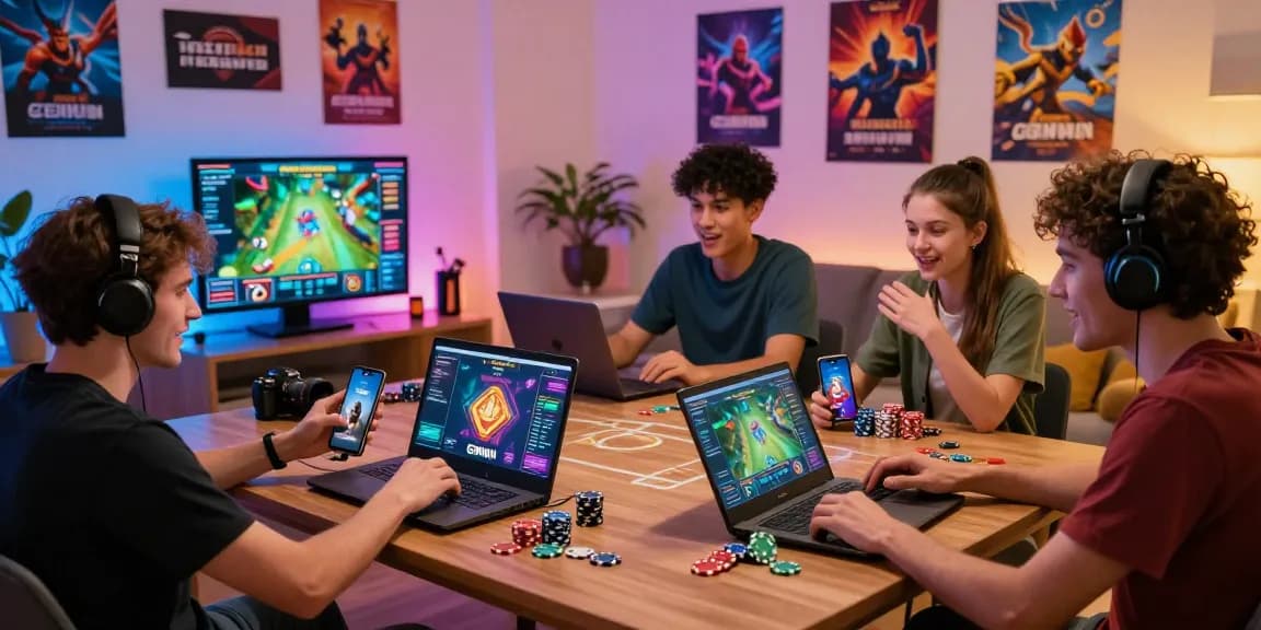 Engaged players using multiple devices on https://gemwin.pics/ in a vibrant gaming environment with modern decor.