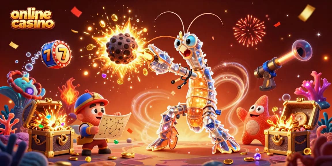 Experience the thrill of winning at an online casino with a dynamic scene of vibrant characters and colorful gems.