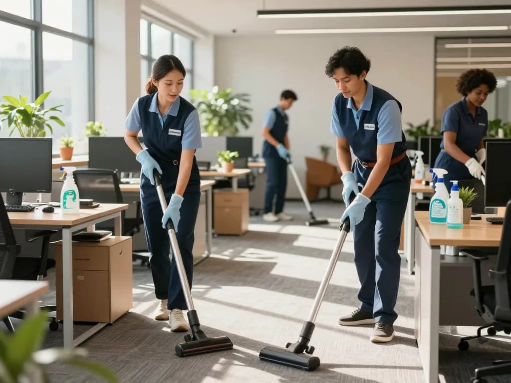 Unterhaltsreinigung vom Fachbetrieb in Münster - professionelles Reinigungsteam für Büros, das Hygiene und Sauberkeit in einem modernen Unternehmensraum aufrechterhält.