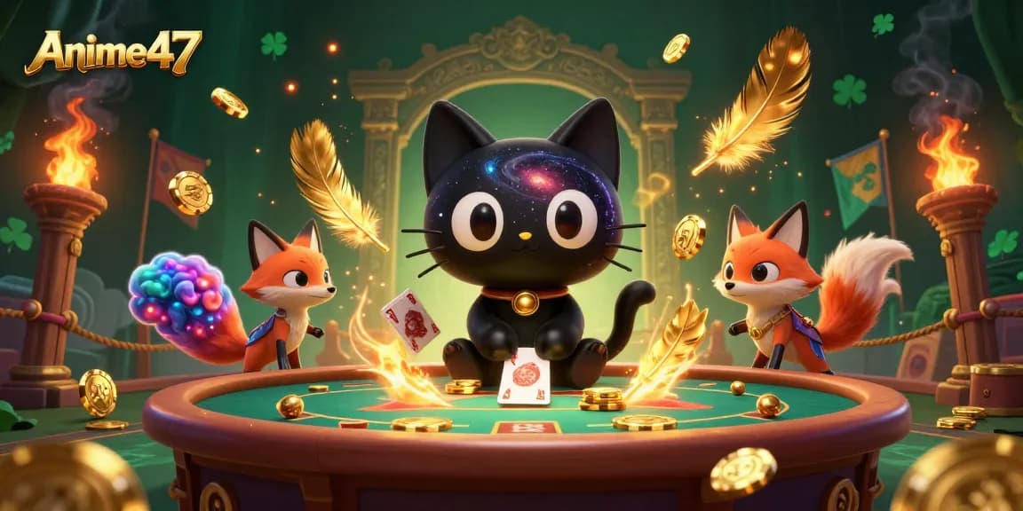 Engage with Anime47's vibrant casino scene featuring a black hole cat attracting golden chips and cards, encapsulating a thrilling gaming atmosphere.