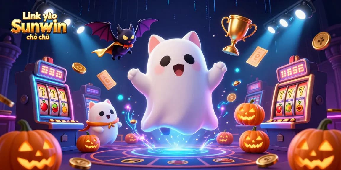 Engage with the exhilarating atmosphere of Link vào Sunwin chính thức, featuring a friendly ghost cat and casino elements.