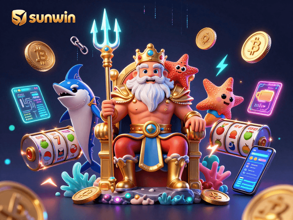 Engage with sunwin's vibrant 3D illustration of Neptune and crypto elements, signaling innovative gaming.