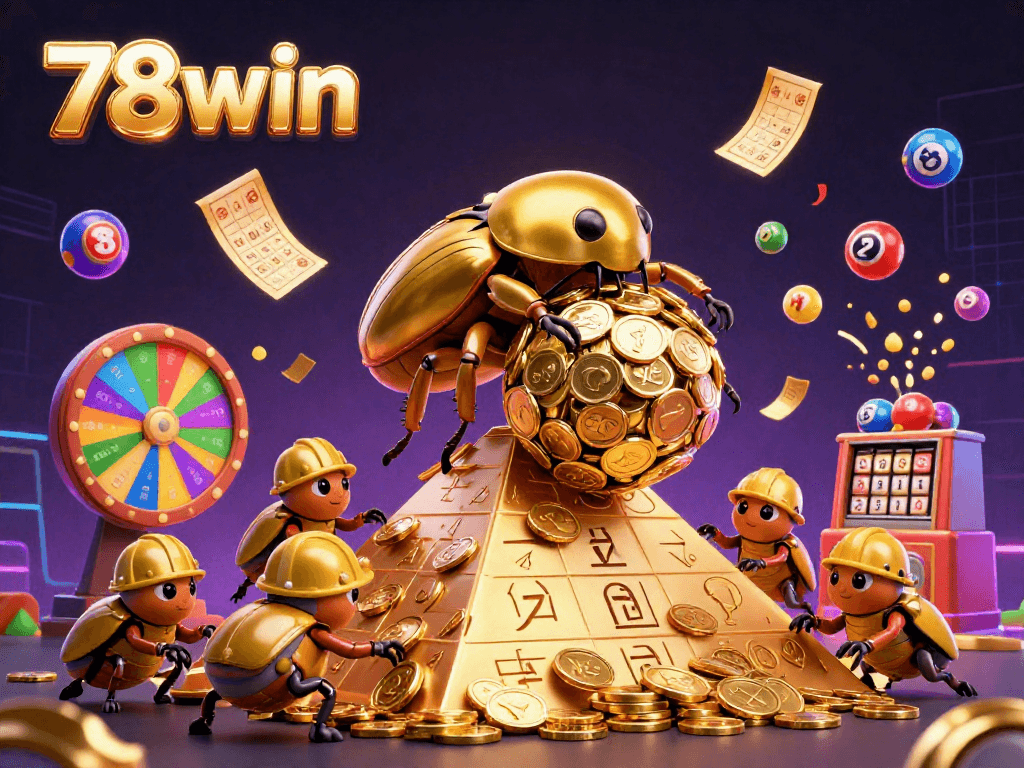 Experience thrilling wins at 78win with a vibrant scene of colorful lottery elements and a golden beetle symbolizing fortune.