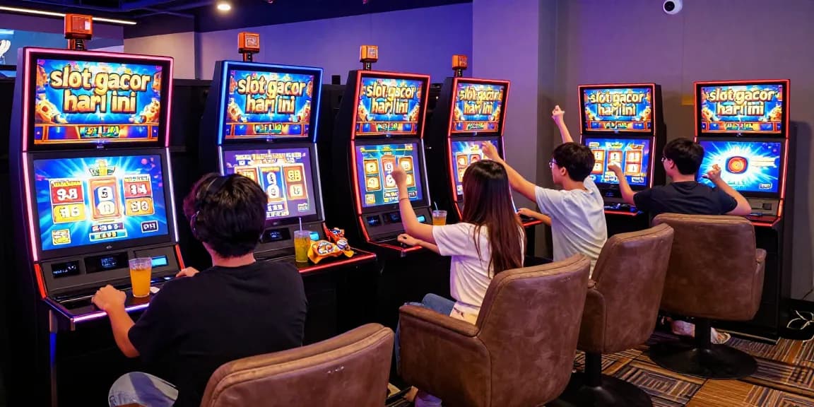 Pengalaman bermain slot gacor hari ini dengan pemain bersemangat dan mesin slot berwarna cerah.