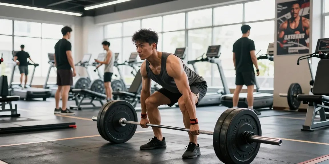Anabolika Shop: Bodybuilder beim intensiven Training im modernen Fitnessstudio, umgeben von Gewichten und motivierenden Postern.