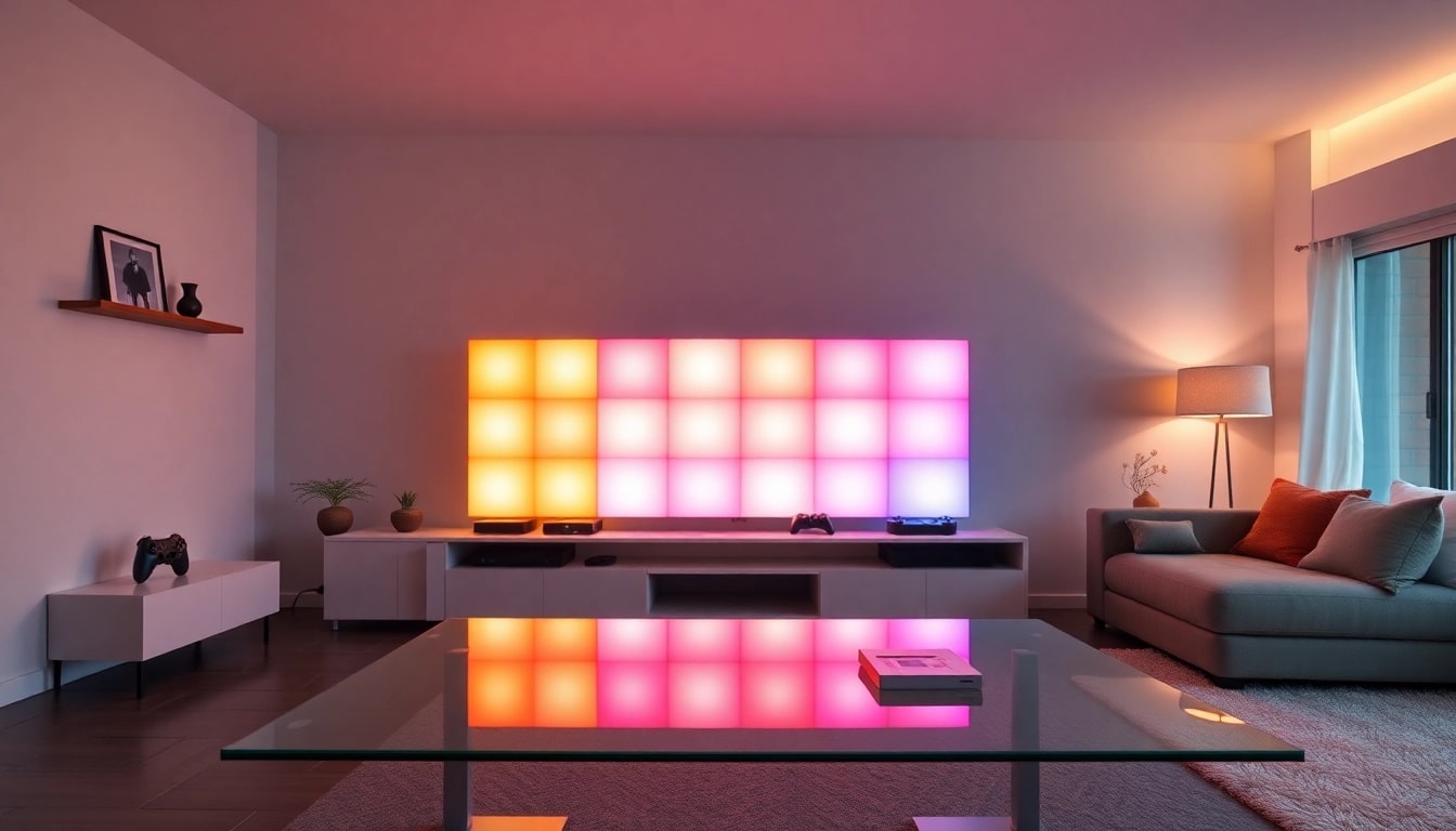 Nanoleaf Blocks Bewertung Deutsch, die stilvolle RGB-Beleuchtung in einem modernen Wohnzimmer-Setup zeigt.