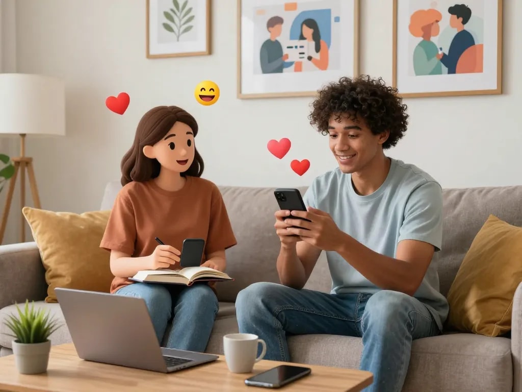 Engaging user interacting with girlfriend AI in a cozy living room, showcasing modern connection.