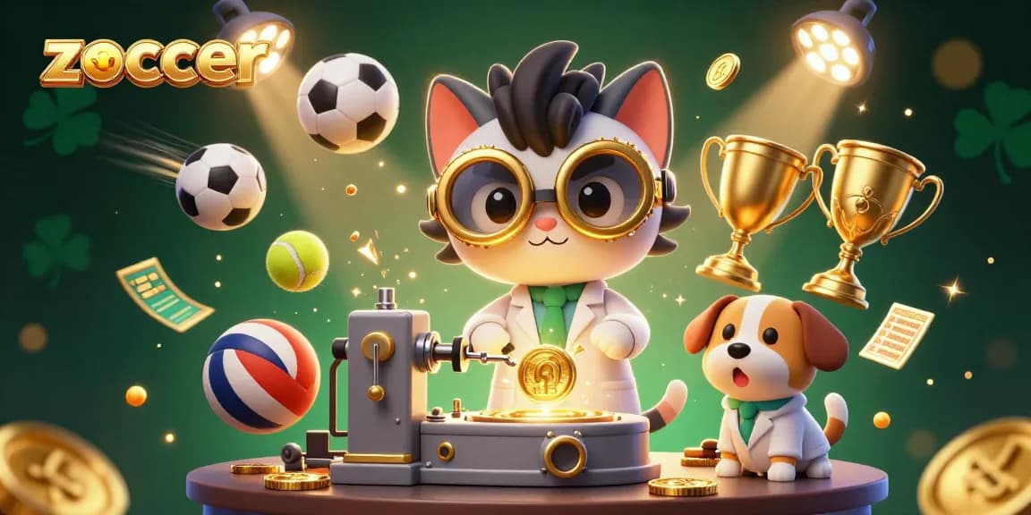 Zoccer showcases a lively scene of sports-themed gambling excitement with animated characters creating gold rewards.