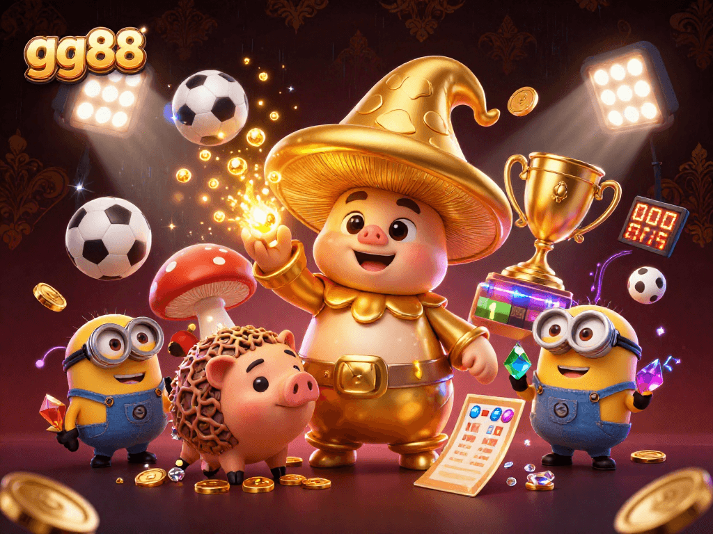 gg88 offers exciting gaming experiences with a wizard and magical treasures in a vibrant casino atmosphere.