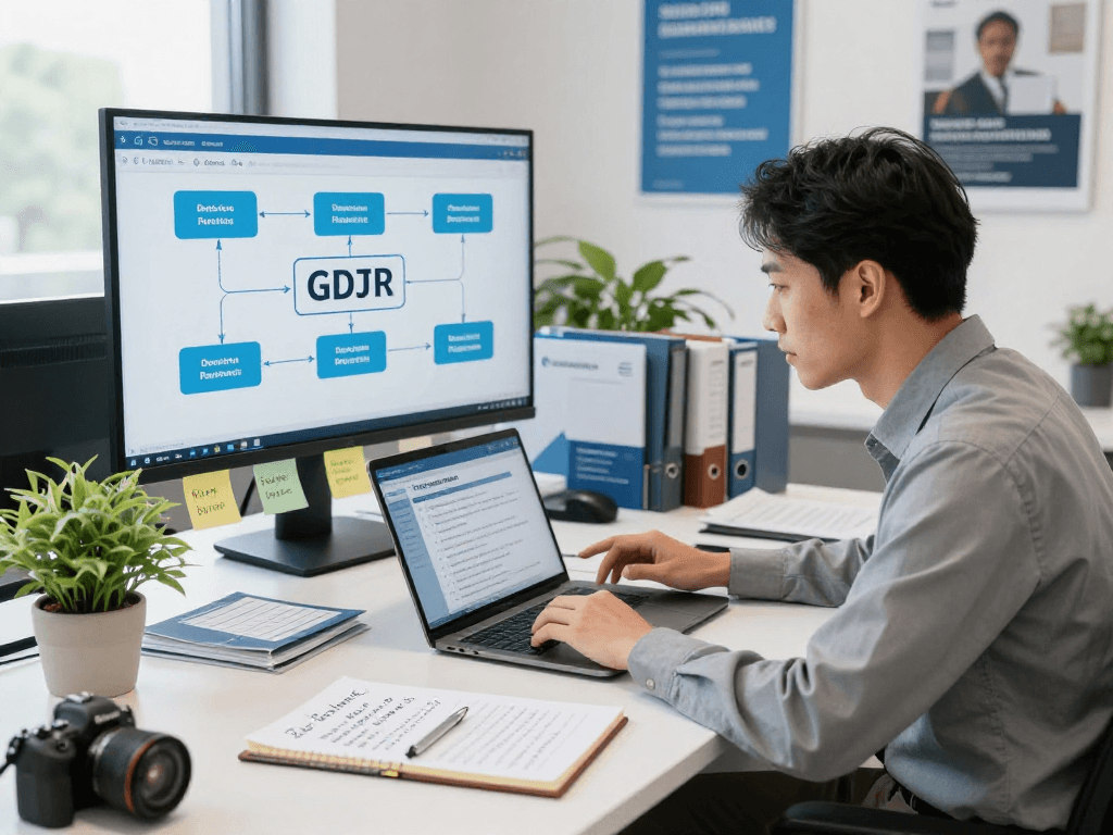 Wissen / Blog-Hub office scene illustrating data protection compliance and GDPR guidelines in a professional environment.