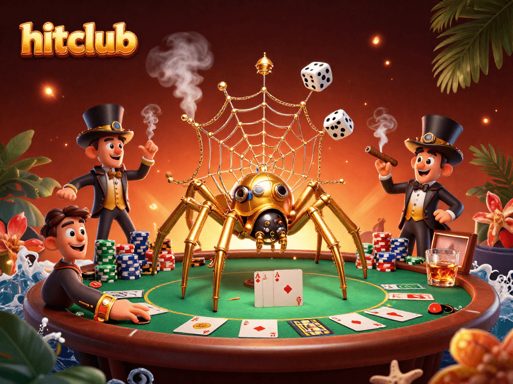 Bet on hitclub in a vibrant cartoon universe with a steampunk spider capturing dice.
