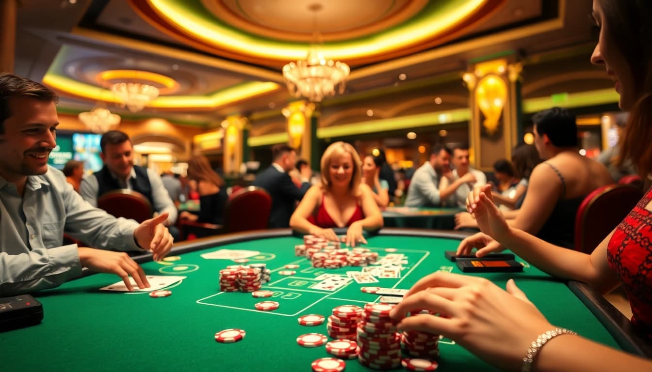 Spieler genießen Casinospiele an einem Tisch mit Karten und Jetons, voller Aufregung und Freude.