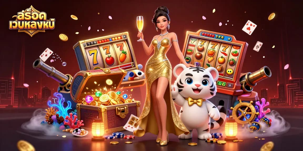 Experience the thrill of สล็อตเว็บตรงแท้ with a glamorous lady and lucky tiger in a vibrant casino setting.