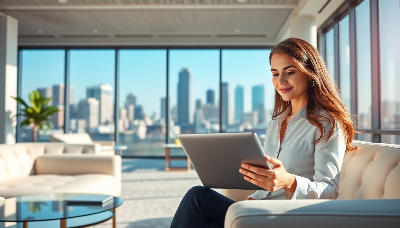 Kaufe Office 2024 Professional Plus ohne Abo in einem modernen Büro, die Benutzerin ist fokussiert.
