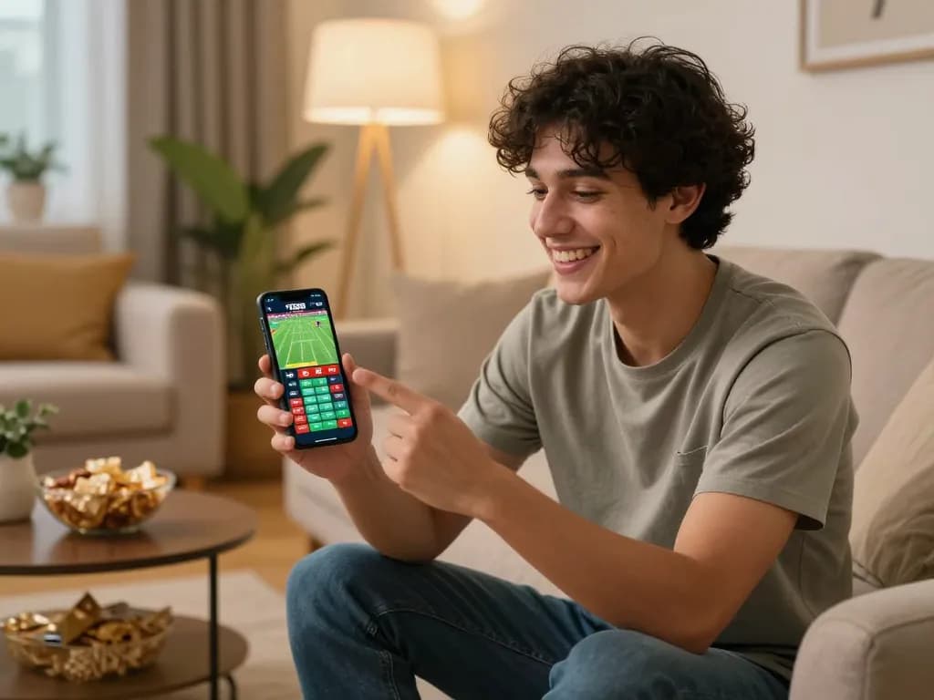 Person using TG88 betting app on smartphone, enjoying home betting experience with excitement