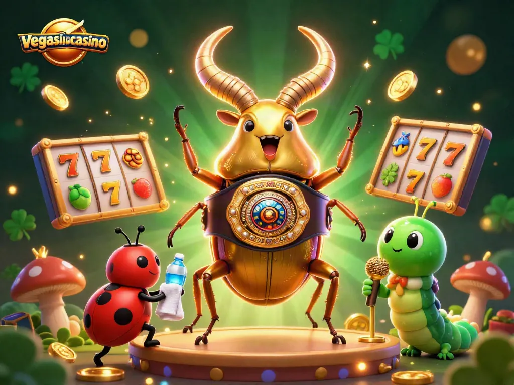 Engage with the vivid world of vegasinocasino featuring colorful slots, a giant stag beetle, and a cheerful ladybug.