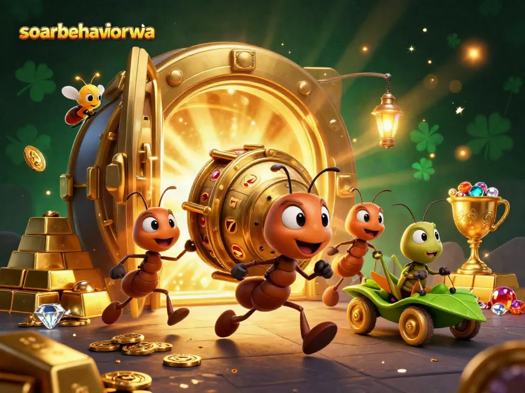 soarbehaviorwa ants joyfully transport a giant slot machine in a vibrant casino heist scene.