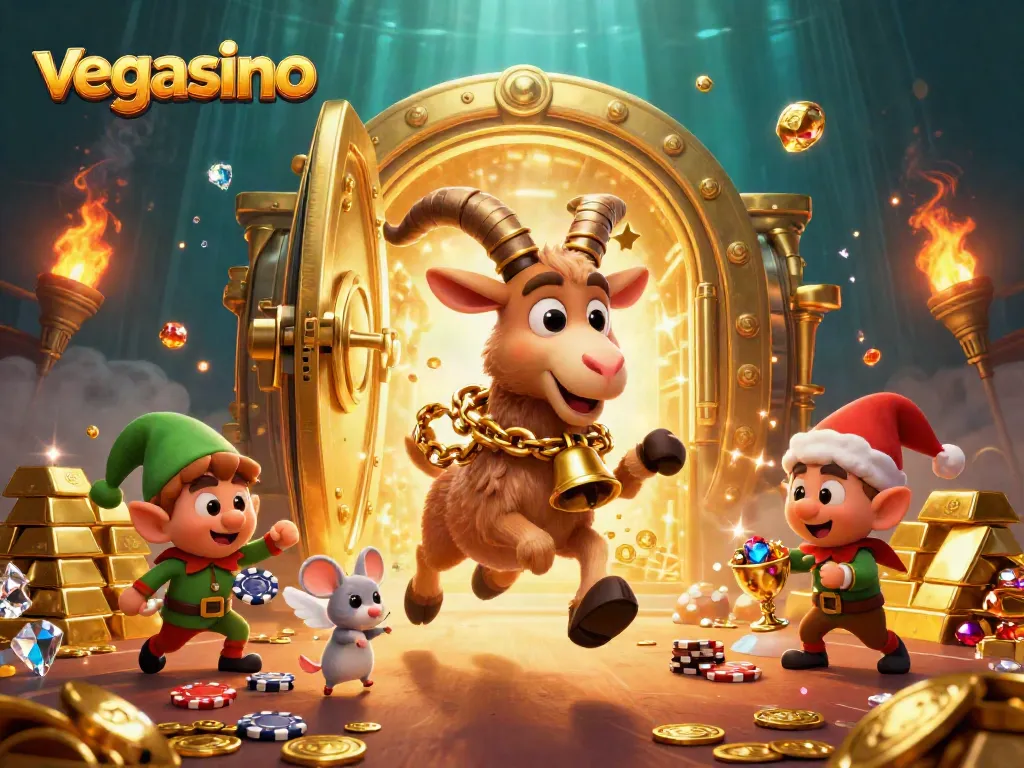 Engage in festive action at vegasino with Krampus, angel mouse, and elf gremlins in a vibrant casino setting.