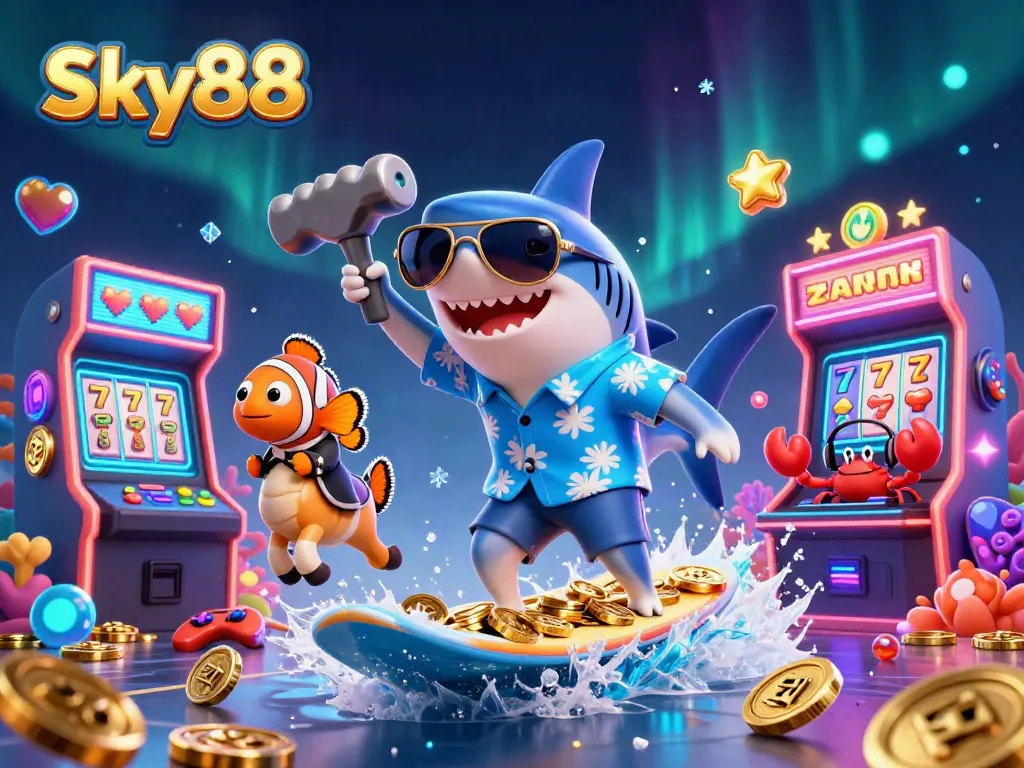 Experience thrilling gameplay at Sky88 with the hammer-head shark and vibrant casino elements!