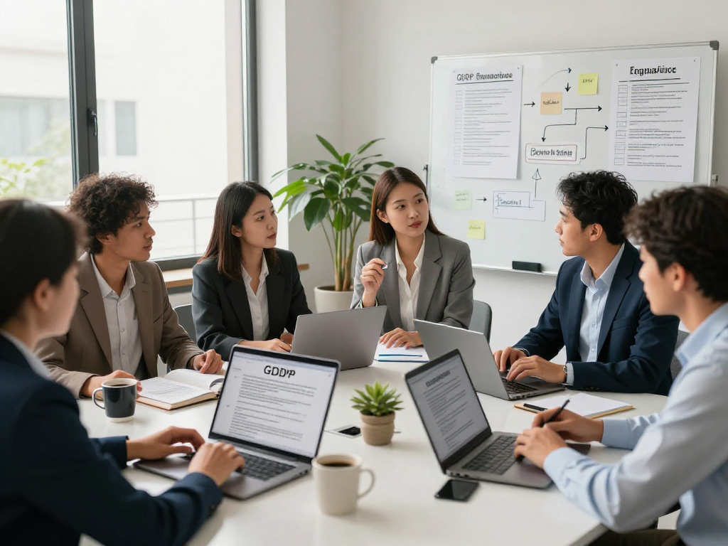 Professionelle Besprechung über Datenschutz und Wissen im Blog-Hub mit Teammitgliedern am Konferenztisch
