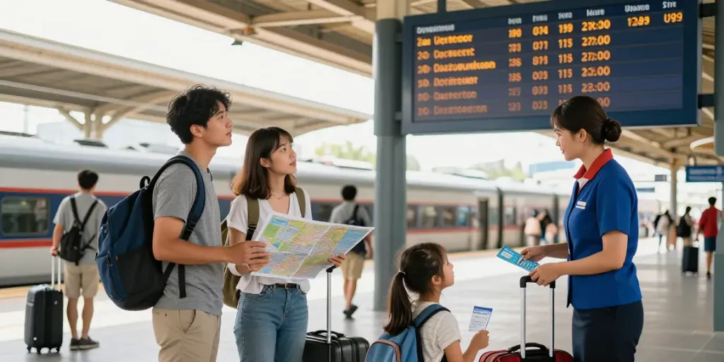 Die ermäßigten Zugtickets sind ein wichtiger Aspekt beim Reisen, hier an einem belebten Bahnhof, wo Reisende ihre Pläne schmieden.