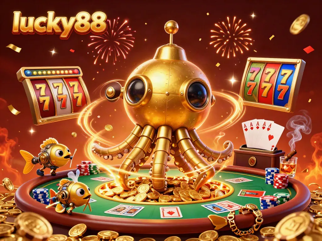 Engage with the lucky88 online casino scene, featuring the golden kraken submarine amidst vibrant gaming elements.