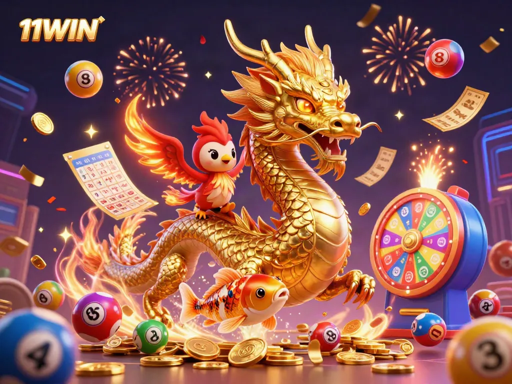 Engage with 11WIN's casino excitement featuring a dragon, phoenix, and koi fish amidst lottery thrills.
