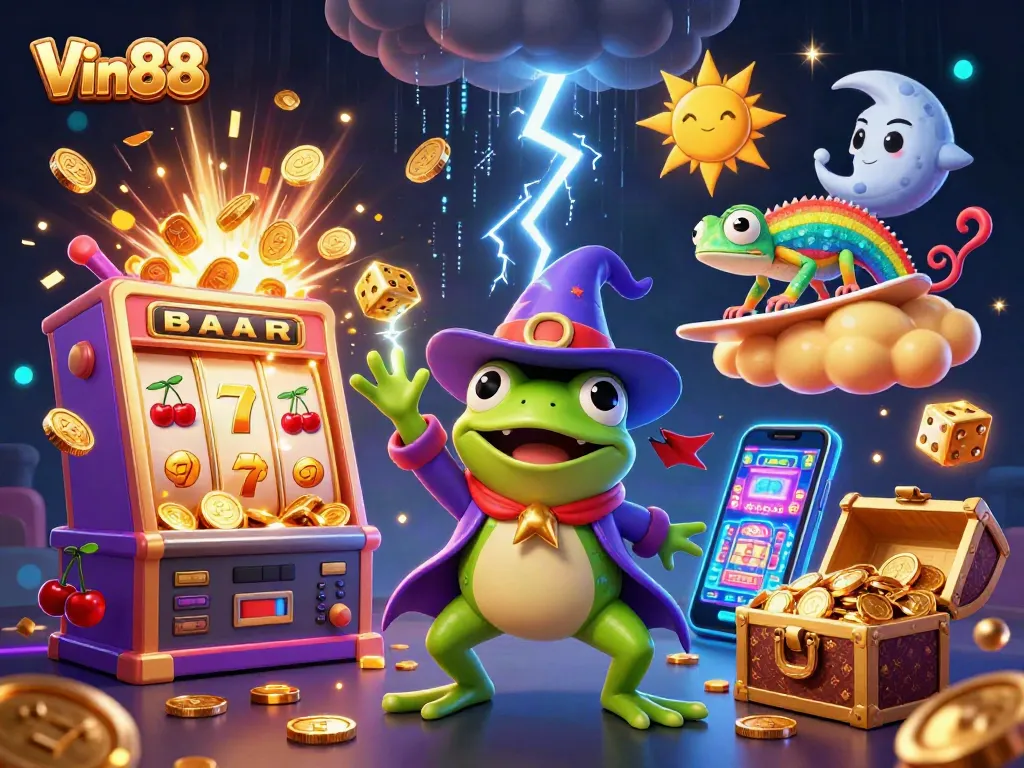Experience Vin88's excitement with a whirlwind of golden coins and dynamic casino elements.