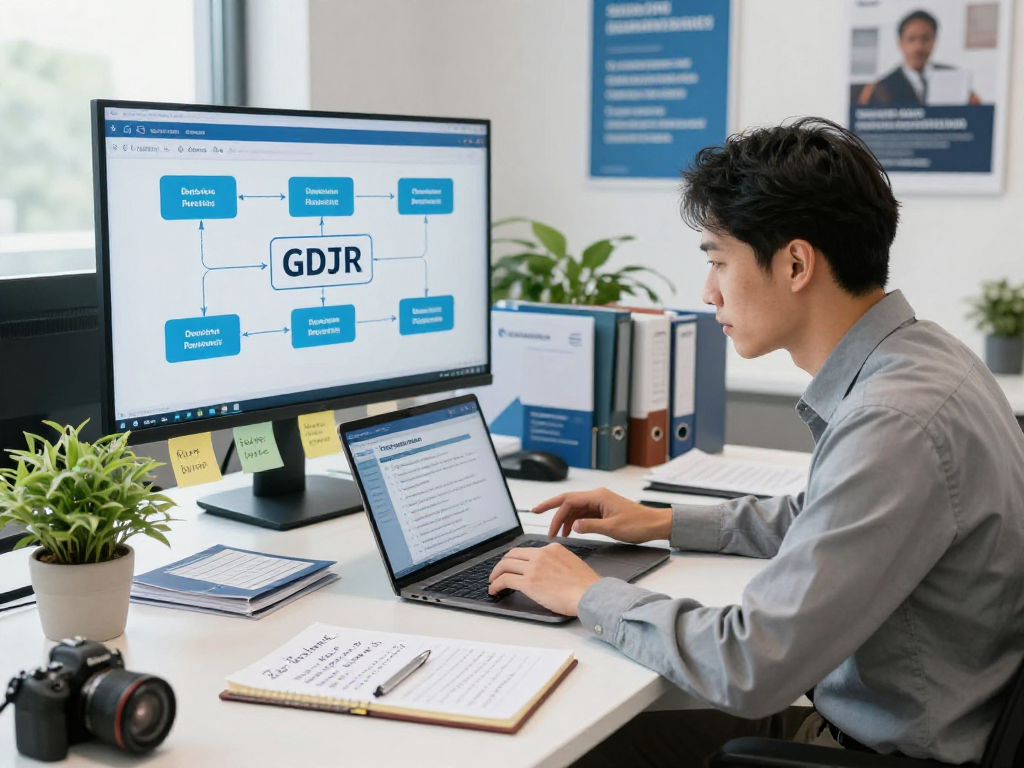 Wissen / Blog-Hub office scene illustrating data protection compliance and GDPR guidelines in a professional environment.