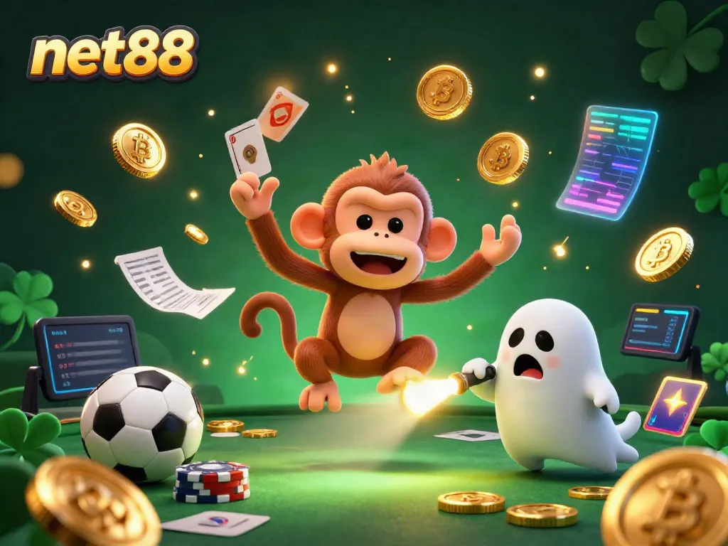 Experience thrilling bets with net88 in a vibrant haunted casino scene featuring a playful poltergeist monkey and ghost-hunter puppy.
