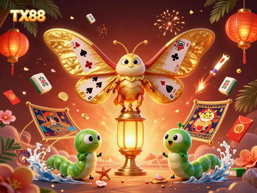 Experience the excitement of TX88 in this vibrant casino-themed illustration with golden moths and dynamic gaming elements.