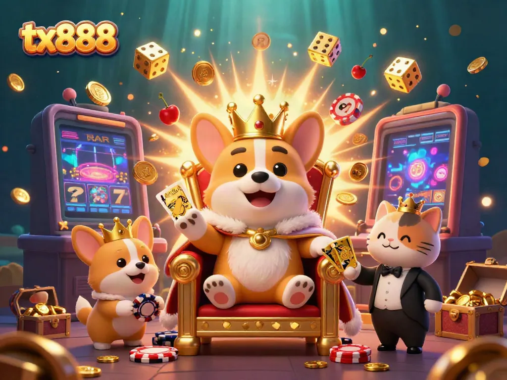 Experience the exhilarating excitement of tx888 in a vibrant casino scene filled with playful characters and dynamic gaming elements.