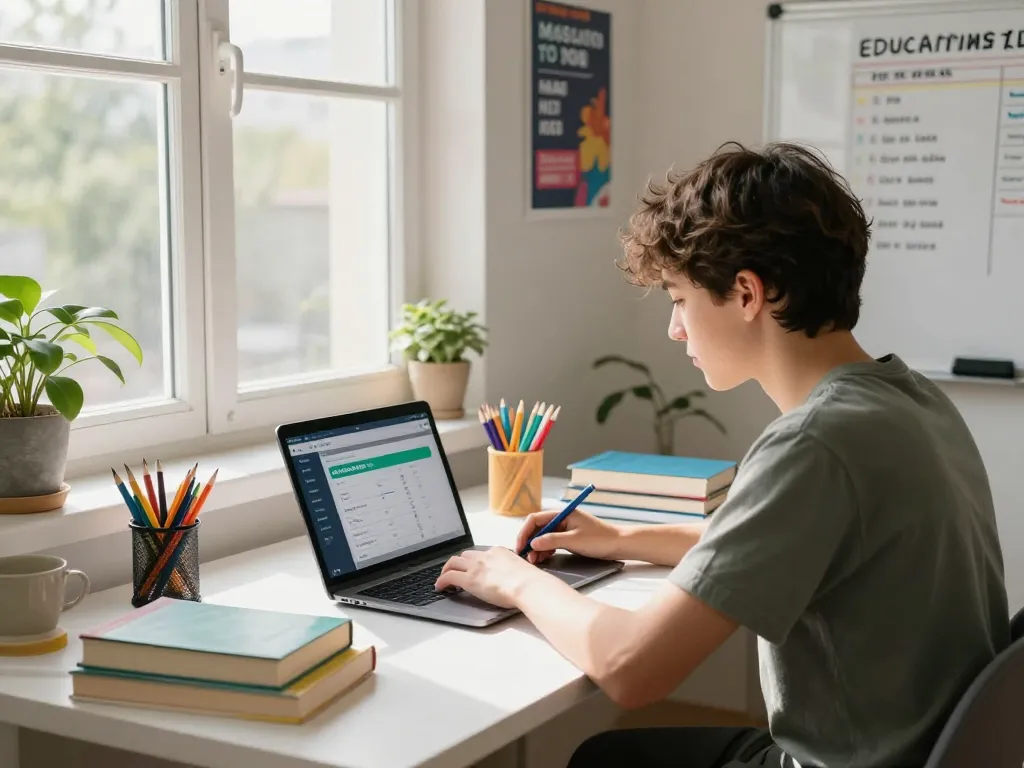Student, der die Hausaufgaben Scanner-App in einer hellen Lernumgebung mit Büchern und Laptop nutzt.
