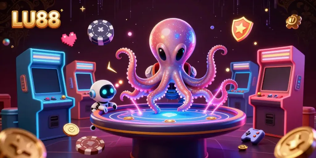 LU88 alien octopus plays holographic poker with colorful casino elements in a vibrant, dynamic scene.