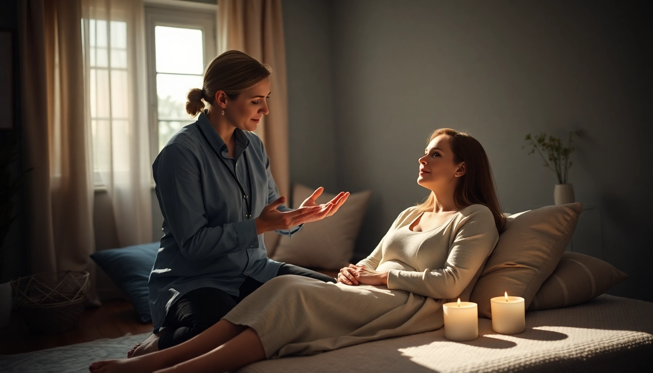 Reinkarnationstherapie während einer Sitzung zur Seelenreise in einem ruhigen therapeutischen Raum.