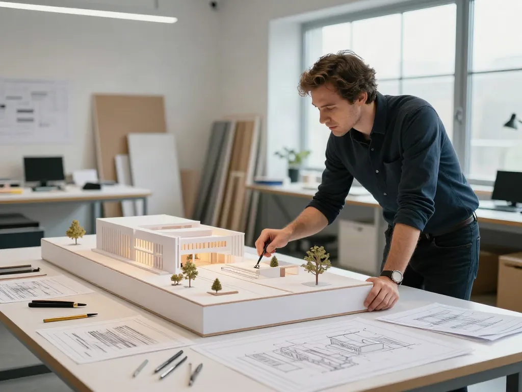 Wettbewerbsmodell Rüsselsheim im Maßstab 1:500 in einem Architekturbüro.