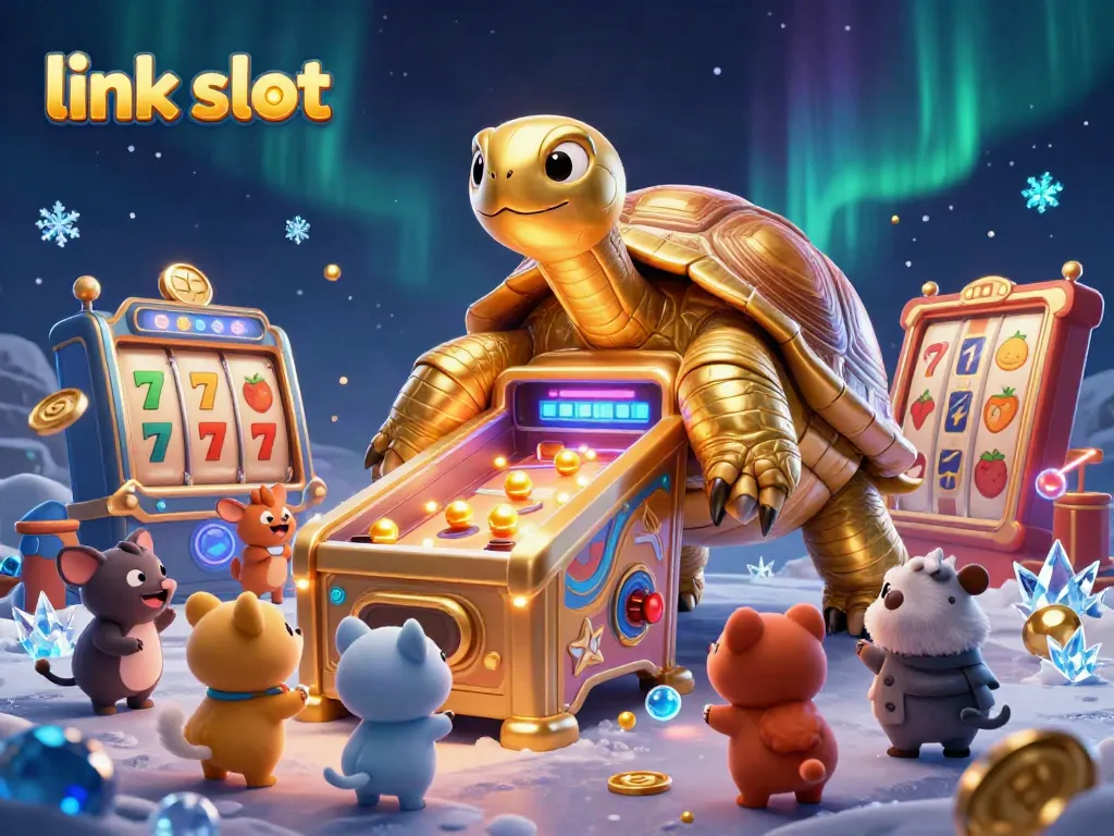Experience the thrill of link slot with a colossal golden tortoise and excited animals playing in a vibrant casino-themed illustration.