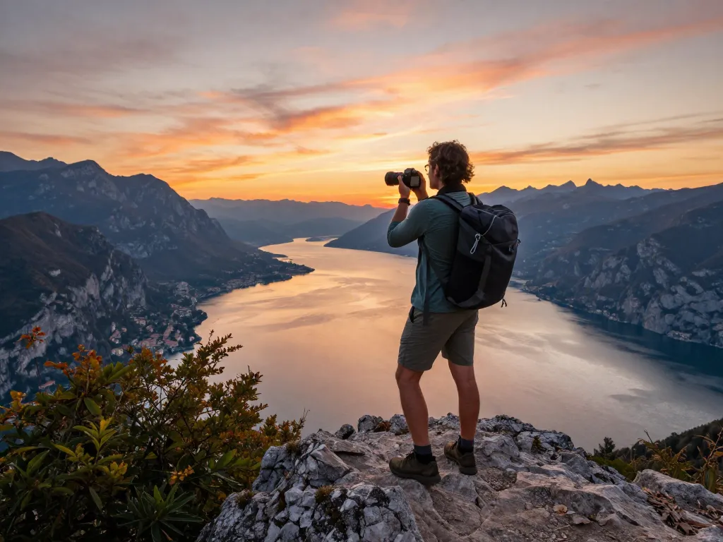 Gardasee Reisetipps: Reisender, der atemberaubende Sonnenuntergangsblicke über den Gardasee einfängt.