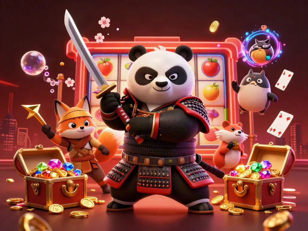 Engage with sv88's immersive casino scene featuring samurai panda and ninja fox amidst jackpot excitement.