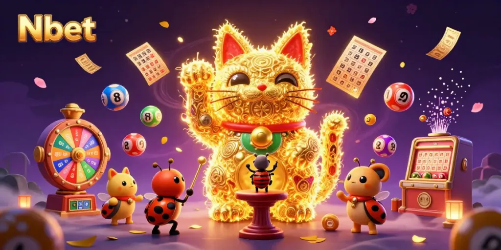Nbet's themed online casino scene features a lucky cat alive with casino symbols, surrounded by colorful lottery elements.