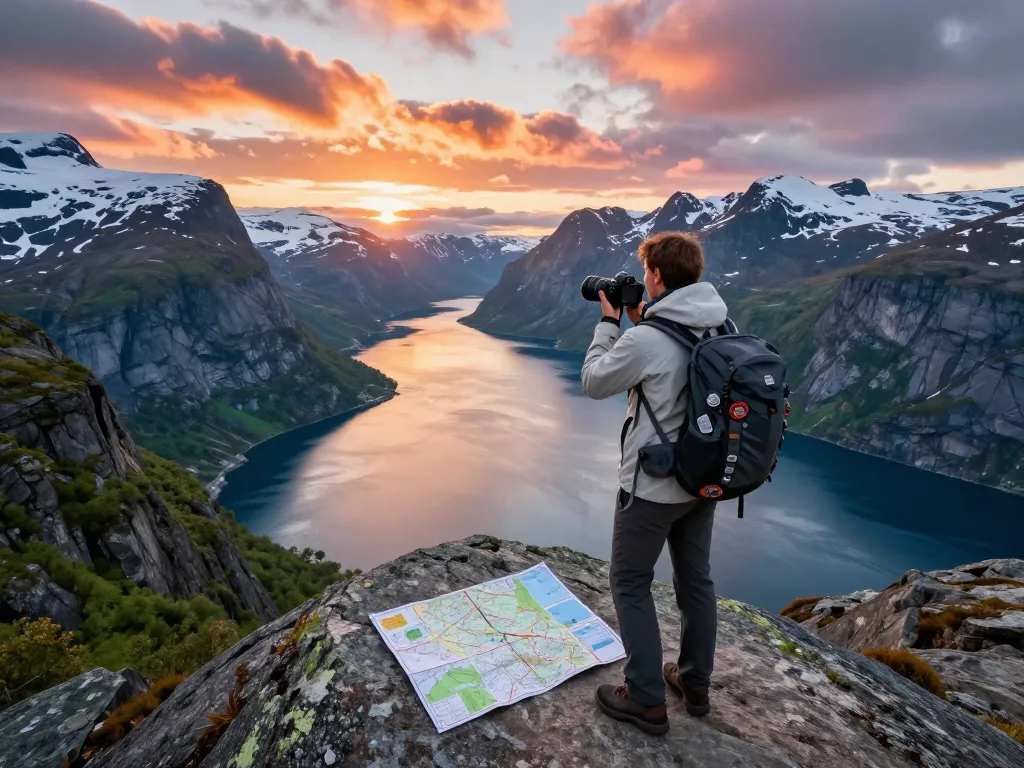 Reisetipps Skandinavien - Reisender an einem malerischen Fjord während des Sonnenaufgangs, der atemberaubende Ausblicke auf die Natur einfängt.