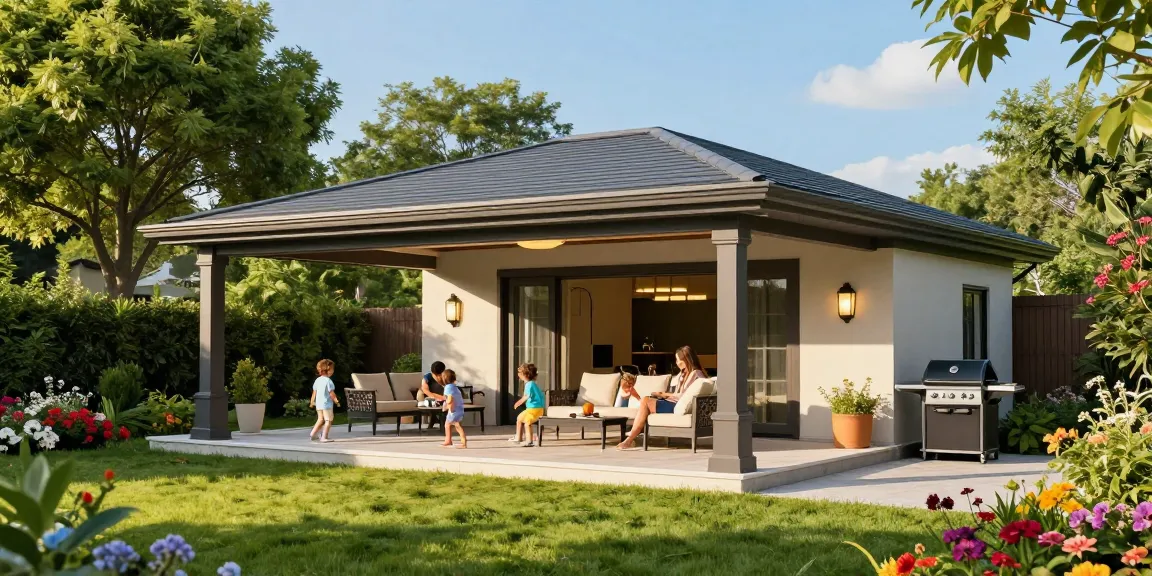 Terrassenüberdachung freistehend im Garten mit Familie, stilvolles Ambiente und sonniger Tag.