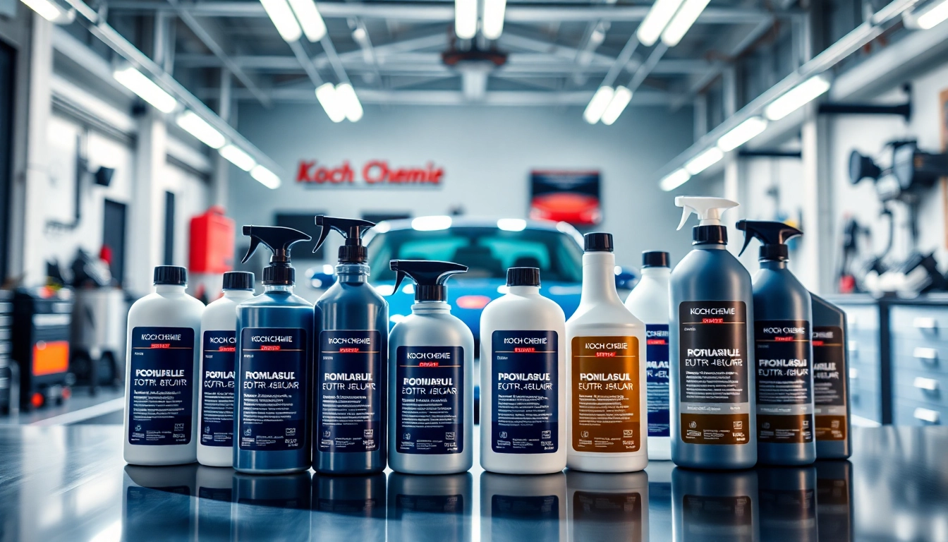 Koch Chemie Produkte auf einem modernen Arbeitstisch für Fahrzeugpflege präsentiert