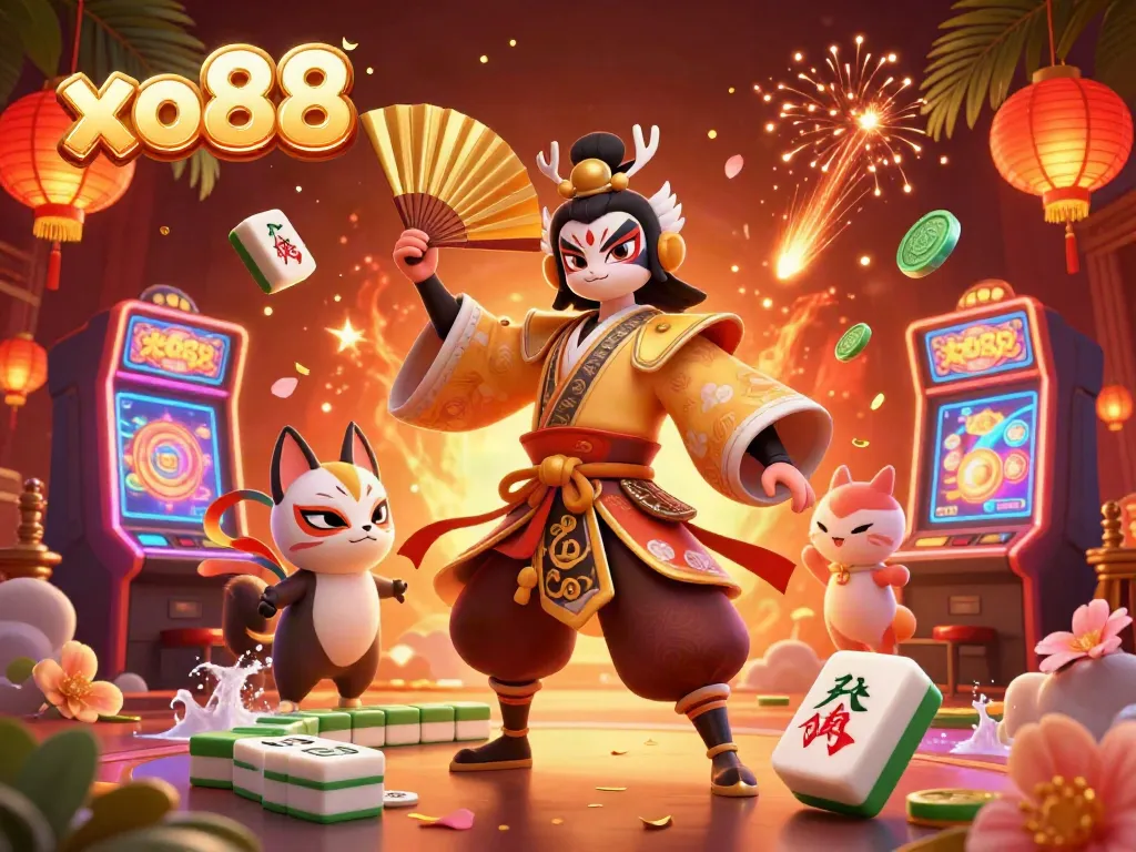 Experience the vibrant energy of xo88's online casino, featuring a kabuki warrior and festive elements.