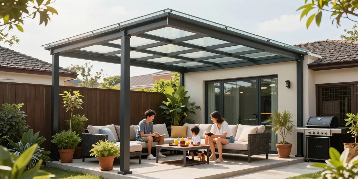 Moderne Terrassenüberdachung über einem gemütlichen Sitzbereich mit Familie.