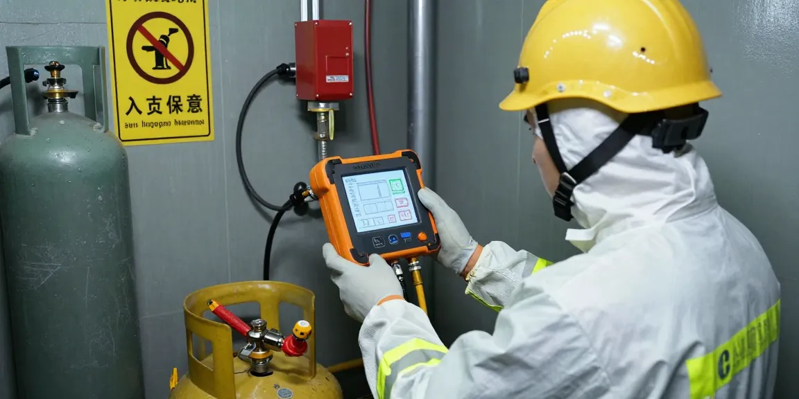 Techniker prüft 4-Gas-Messgerät in einem Industrieumfeld zur Sicherheitsüberwachung.
