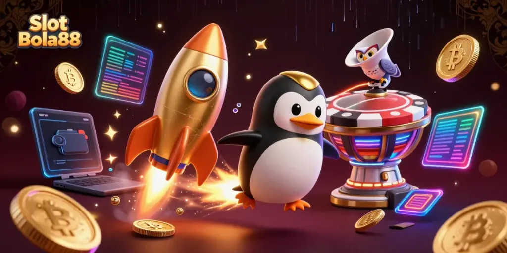 Experience thrilling Slot Bola88 adventures with a golden penguin and dazzling crypto visuals